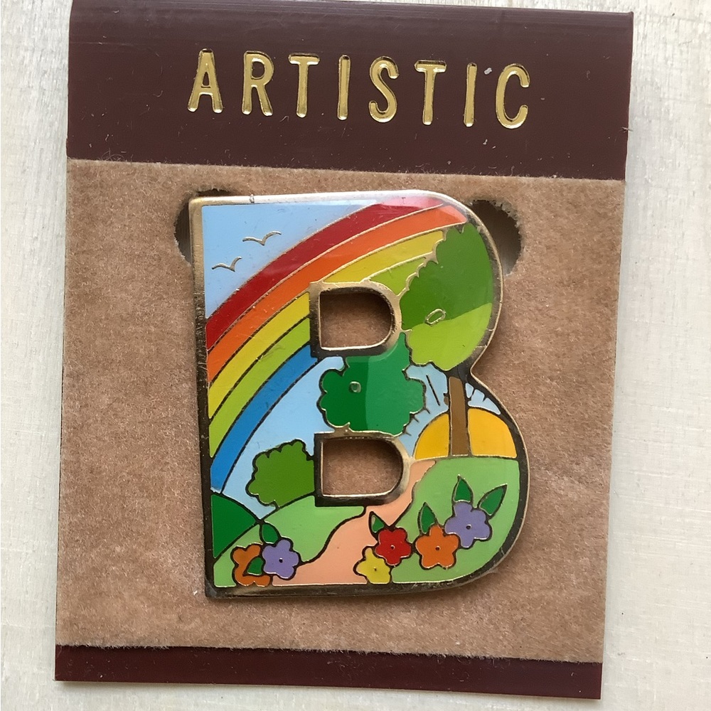 NWOT Vintage Cloisonné Rainbow “B” monogram brooch pin